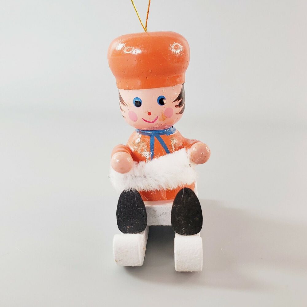 Child on Sled Ornament Painted Wood Pipe Cleaner Tree Christmas Holiday VTG